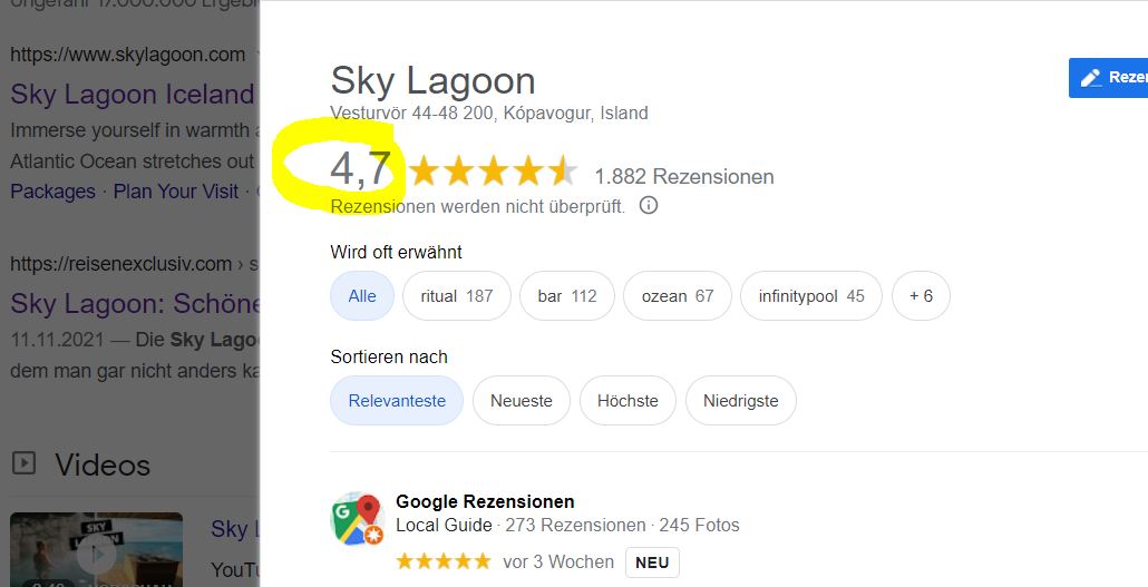 Sky Lagoon Google Bewertungen