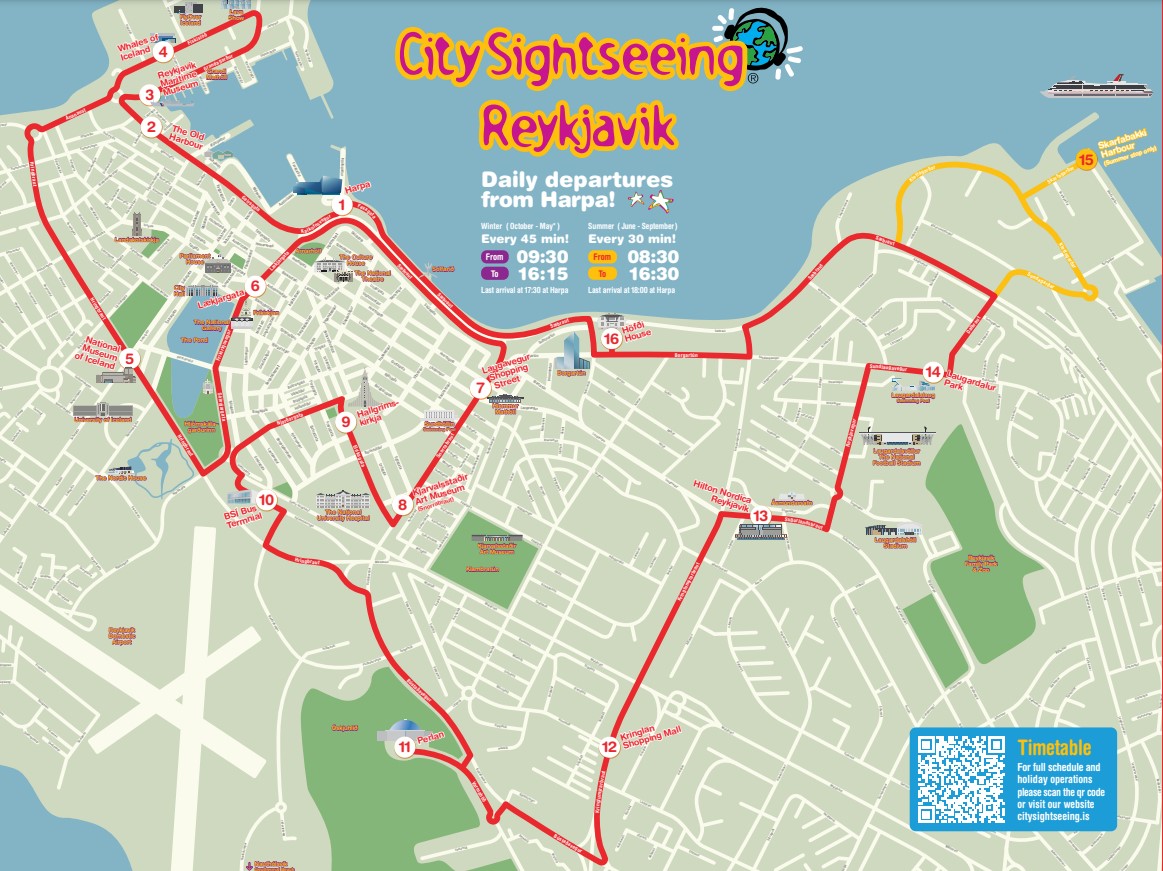 Karte der Hop on Hop off Reykjavik Route