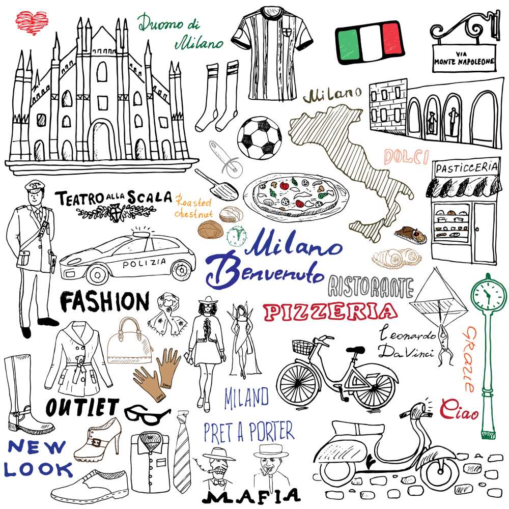 Cartoon mit Symbolen aus Mailand