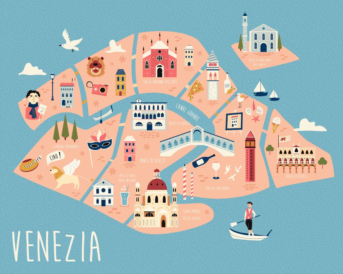 Illustrierte Karte mit Sehenswürdigkeiten von Venedig