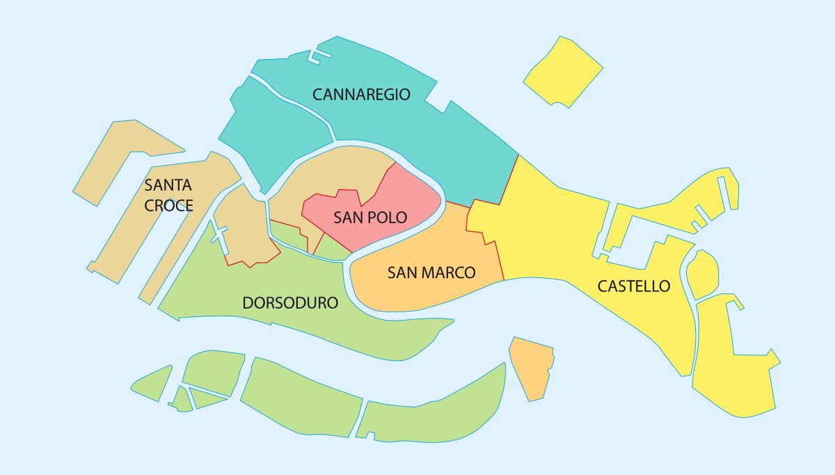 Karte mit Stadtteilen im Zentrum von Venedig farbig markiert