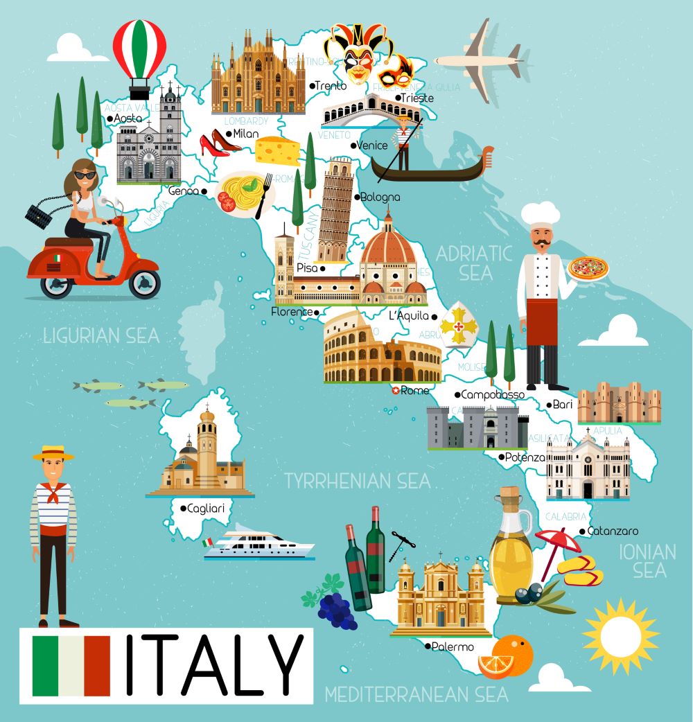 Karte mit den schönsten Städten Italiens und Symbolen