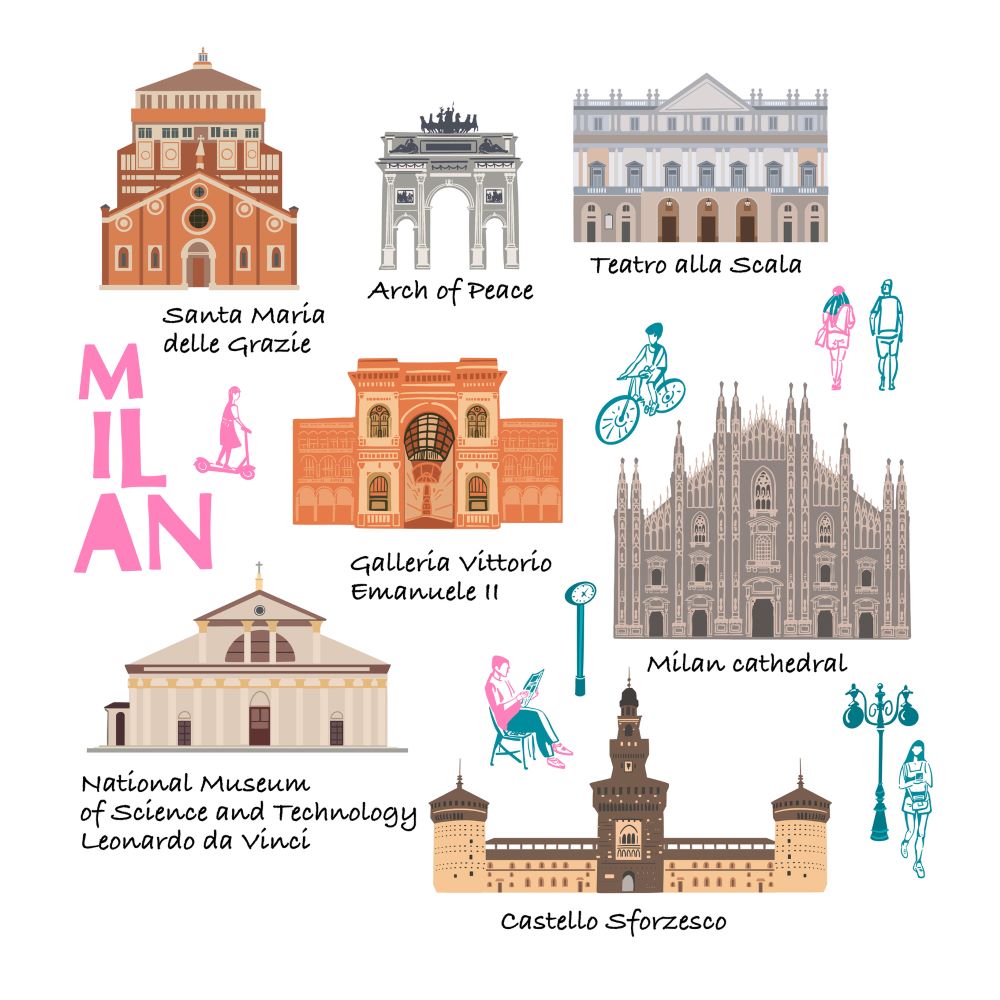 Wichtige Sehenswürdigkeiten der Stadt Mailand gezeichnet